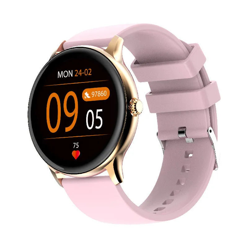 Black Bluetooth smartwatch with a circular 1.28-inch screen on a silicone strap for health monitoring.