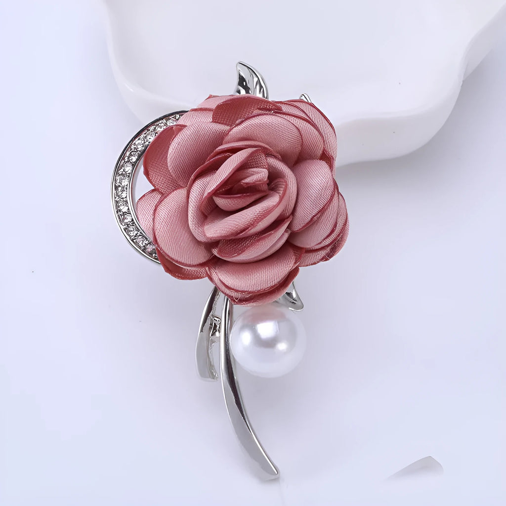 Rose brooch in Korean style, alloy construction, blue colour, 4.5cm by 3.8cm, on white background