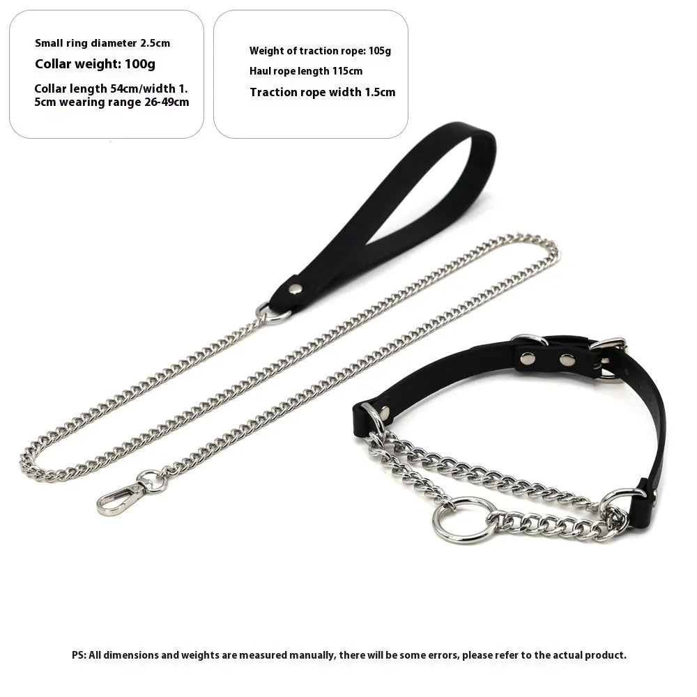 Black leather bondage collar and leash set with hand grip rope section