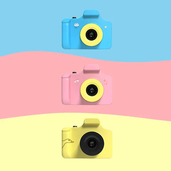 Blue GIMON children's digital camera with 1.5-inch screen, shown next to a pink version.