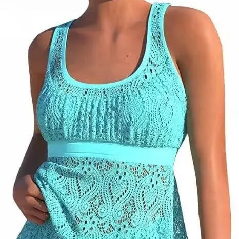 Women's solid-colour conservative split two-piece nylon swimsuit set for swimming sports.