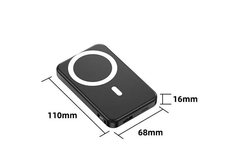 Ultra-thin portable power bank with magnetic wireless charging in black, blue, and white colour options