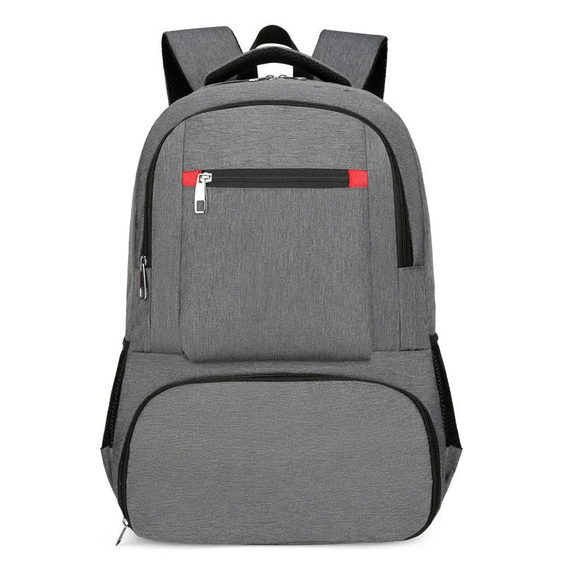 Light grey insulated Oxford cloth backpack with curved shoulder straps, shown with its pull rod belt accessory.
