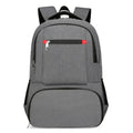 Light grey insulated Oxford cloth backpack with curved shoulder straps, shown with its pull rod belt accessory.