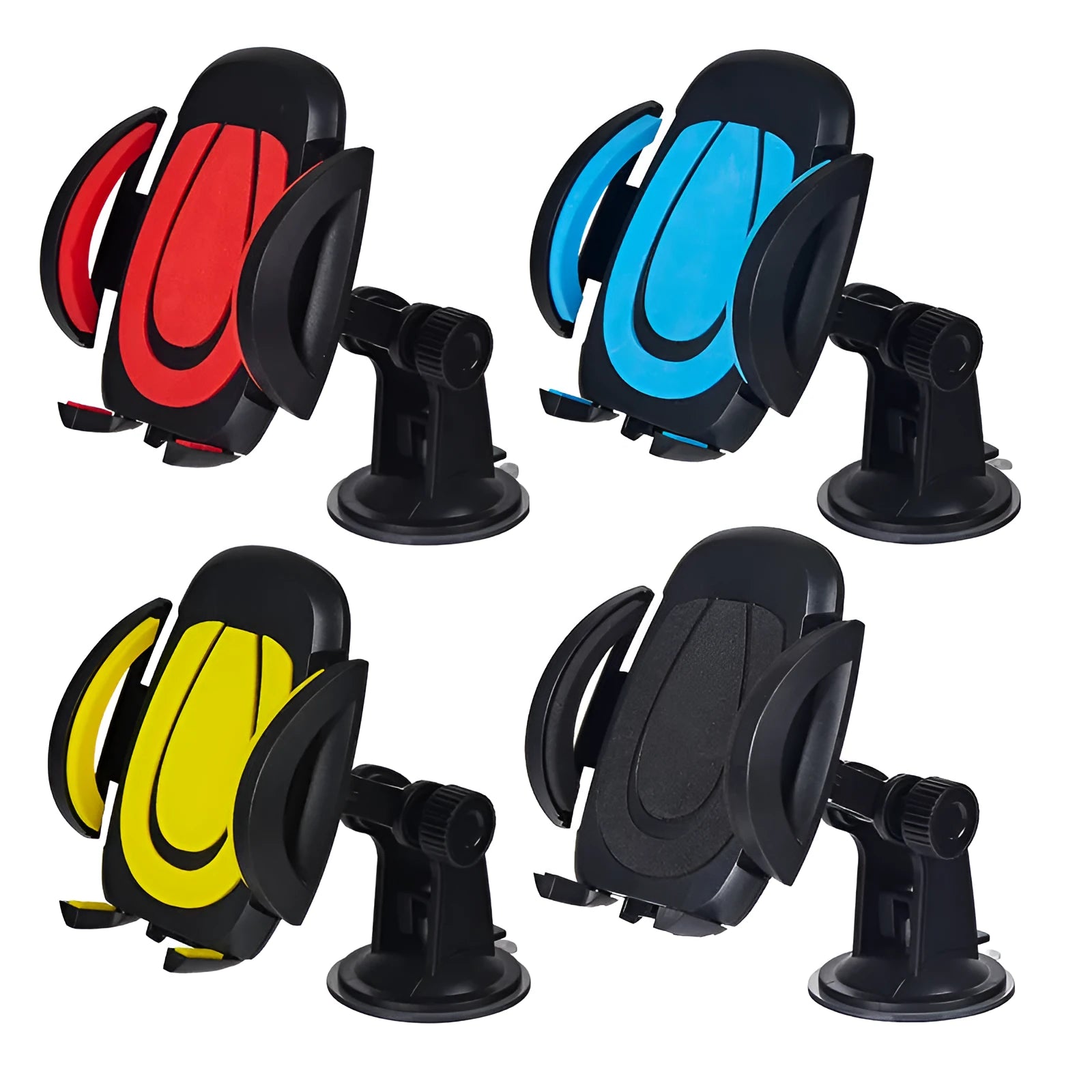 Red ABS suction cup car phone holder with U-shaped bracket mounted on a car dashboard.