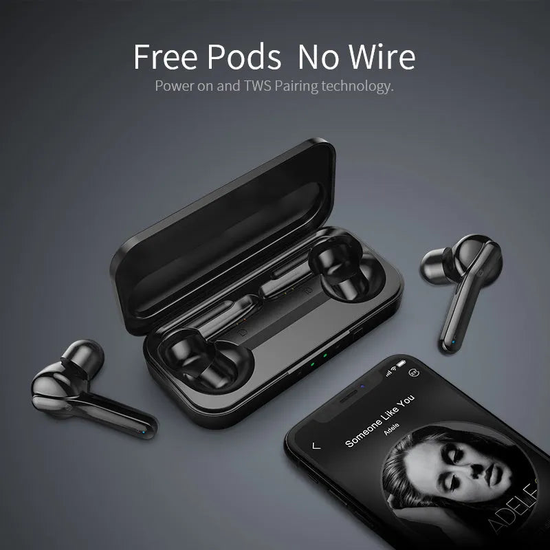 Black and white true wireless earbuds with charging case, showcasing compact plastic design for Bluetooth audio