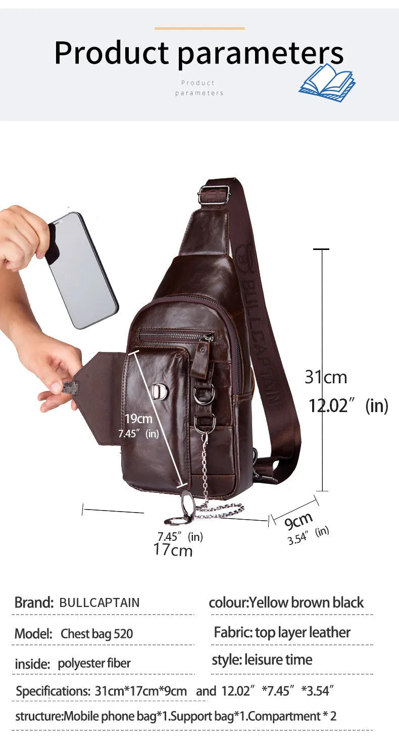 Genuine leather men's messenger bag in a vertical square shape with magnetic buckle and first layer cowhide texture in brown