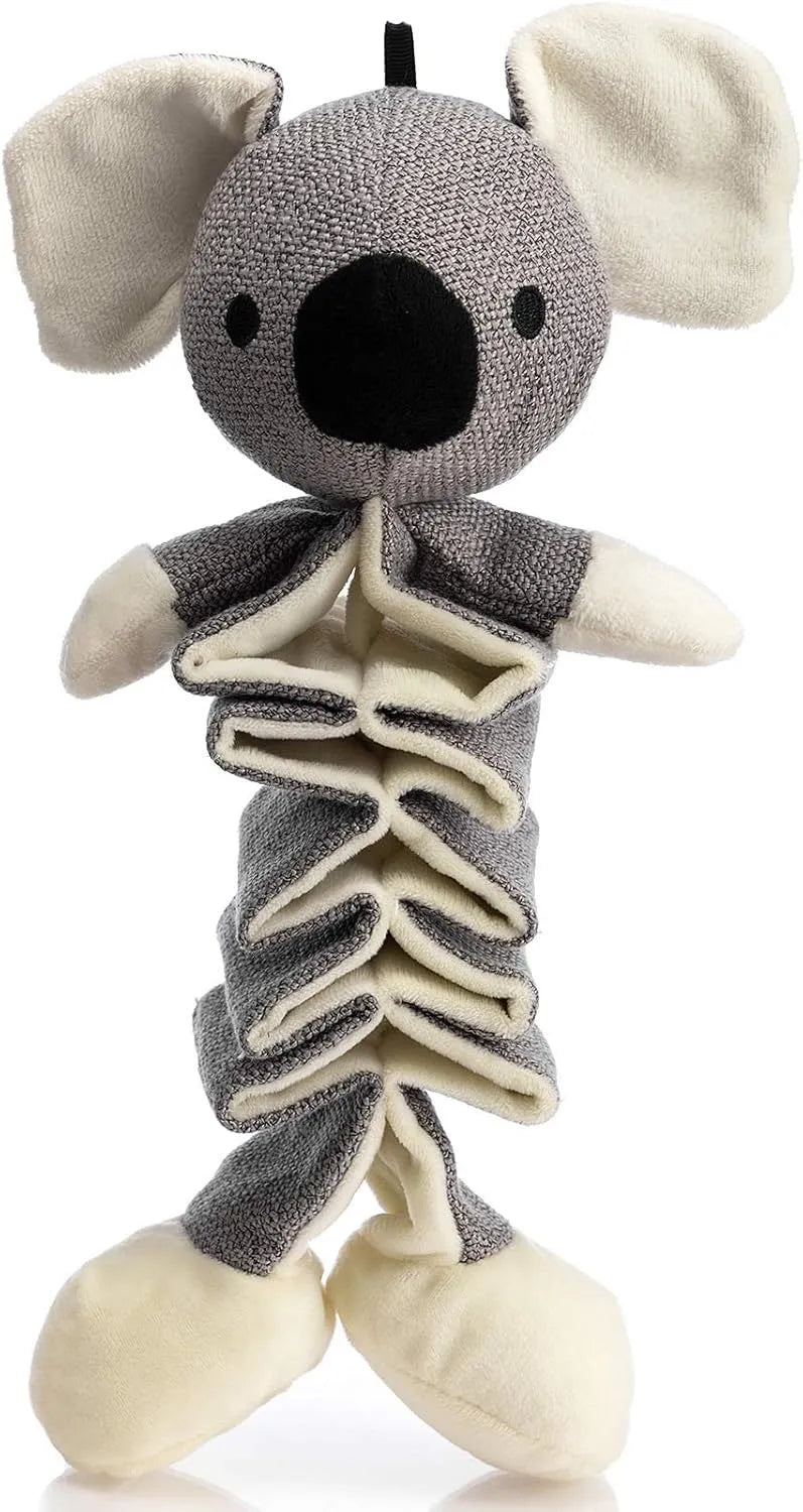 Gray koala-shaped dog toy measuring 30cm with plush limbs and squeaky crinkle paper interior.