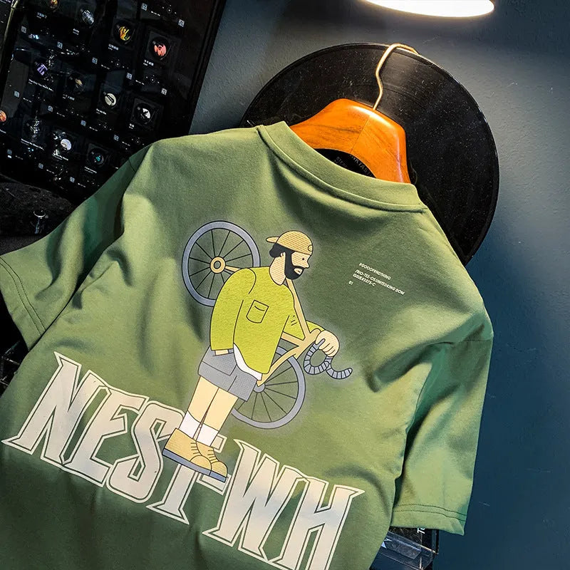Green printed men's T-shirt with loose fit short sleeves displayed in multiple size options