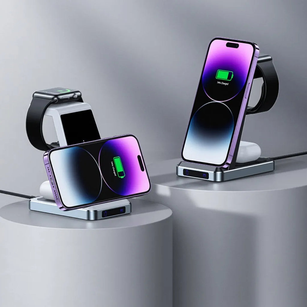 Black three-in-one wireless charger with phone watch and earbuds on charging pad