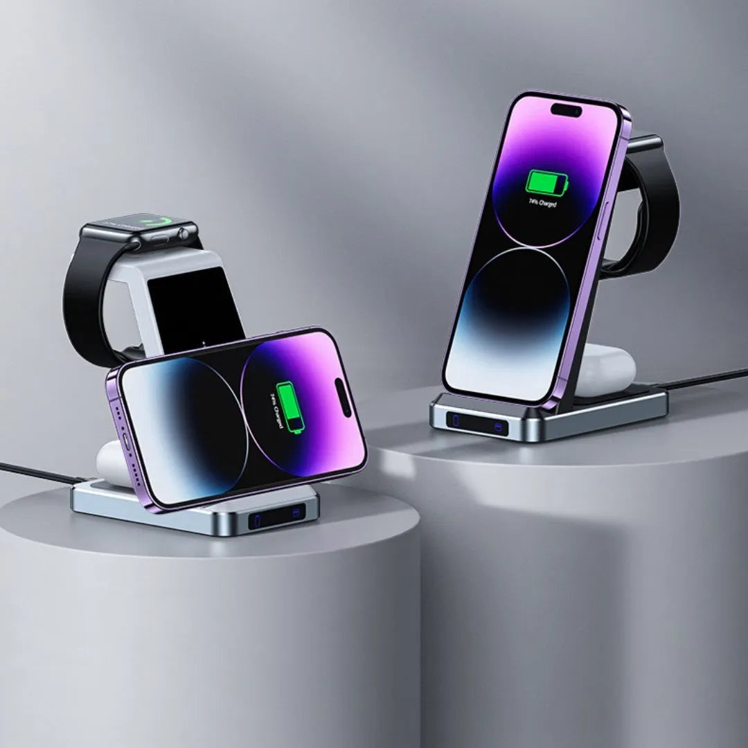 Black three-in-one wireless charger with phone watch and earbuds on charging pad