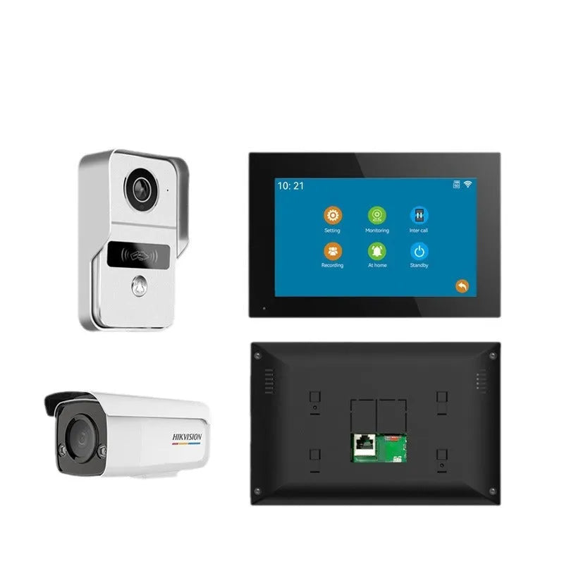 Video intercom doorbell system with outdoor unit and indoor display showing 1080P camera feed