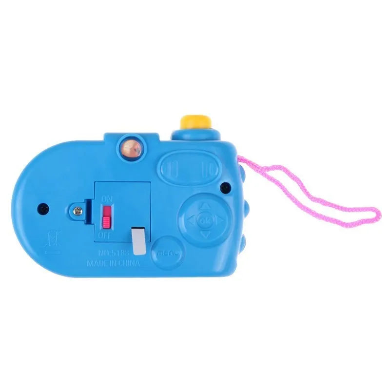Blue or pink plastic kids toy projection camera with a sliding lens cover on a white background.
