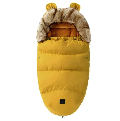 Baby warm cocoon style sleeping bag on a neutral background demonstrating solid colour design with zip closure
