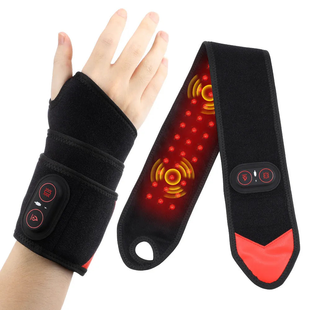 Black red light heat wrist massage strap with 36 LED beads and vibration function on a plain background