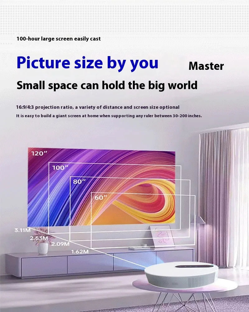 White HD home cinema projector with remote control on a table