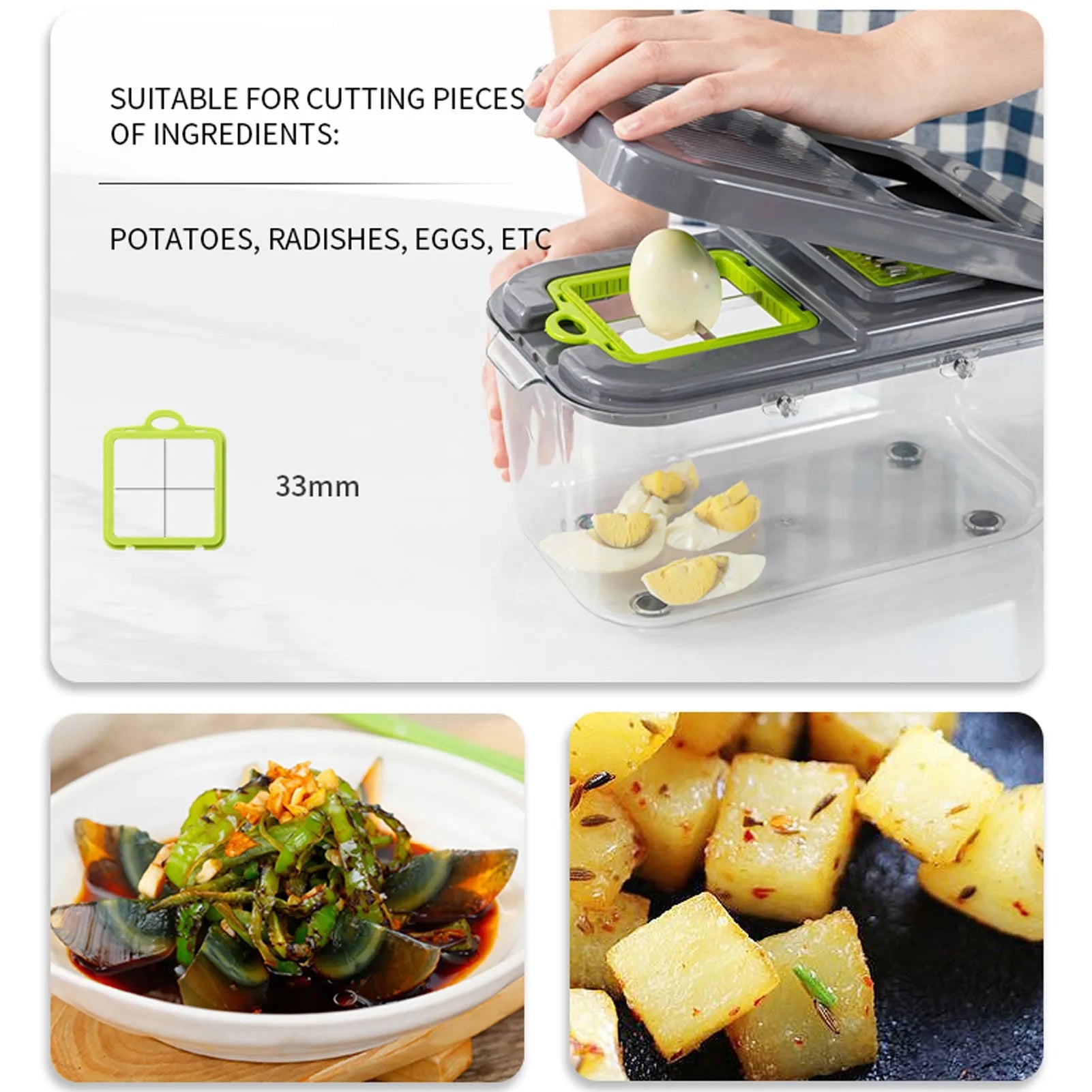 Grey multifunctional vegetable cutter with stainless steel blades, foldable compartments, and water filter basket on a kitchen countertop.