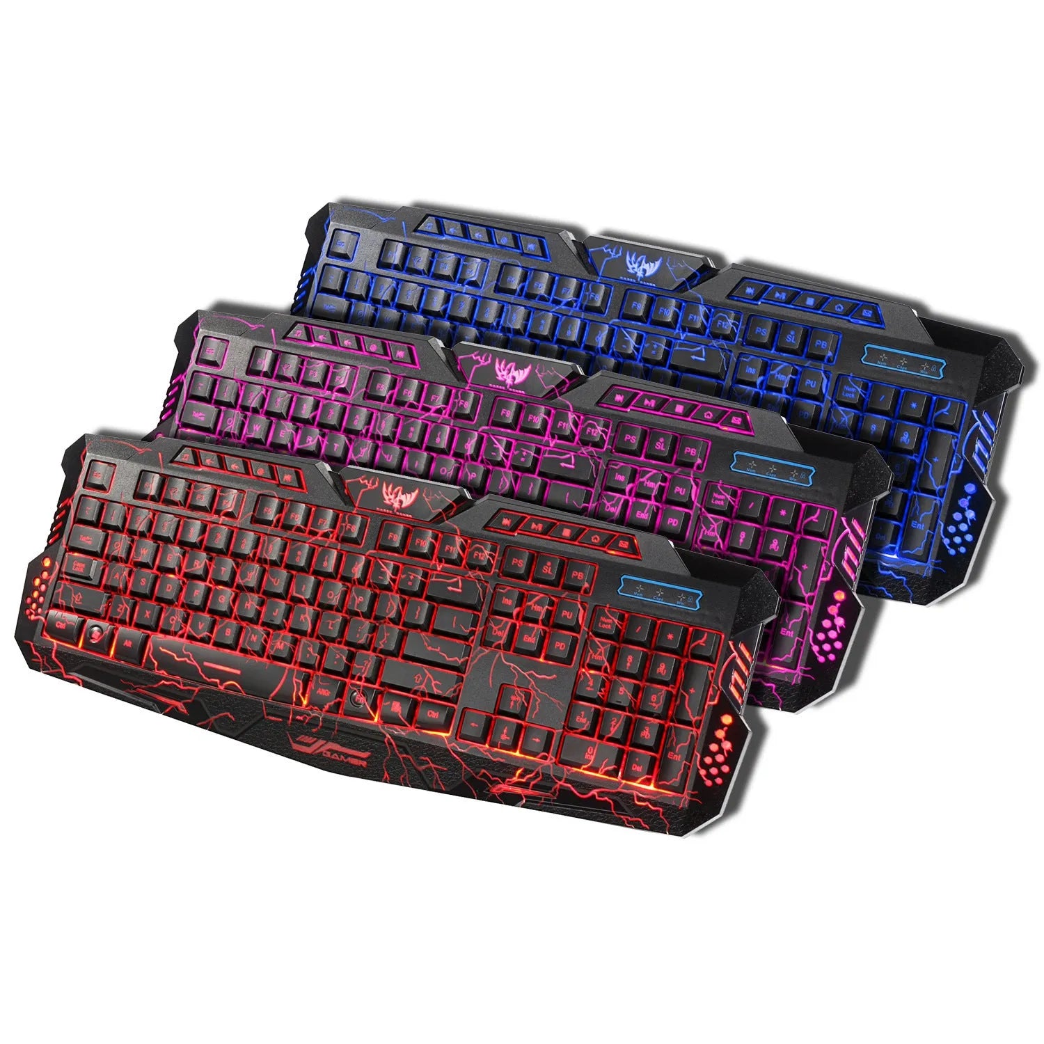 Black backlit game crack keyboard with red, purple, and blue adjustable lighting and anti-slip base
