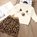 Children's knitted sweater suit for girls, long sleeve skirt set, beige with leopard print, soft fabric autumn winter 90-130cm