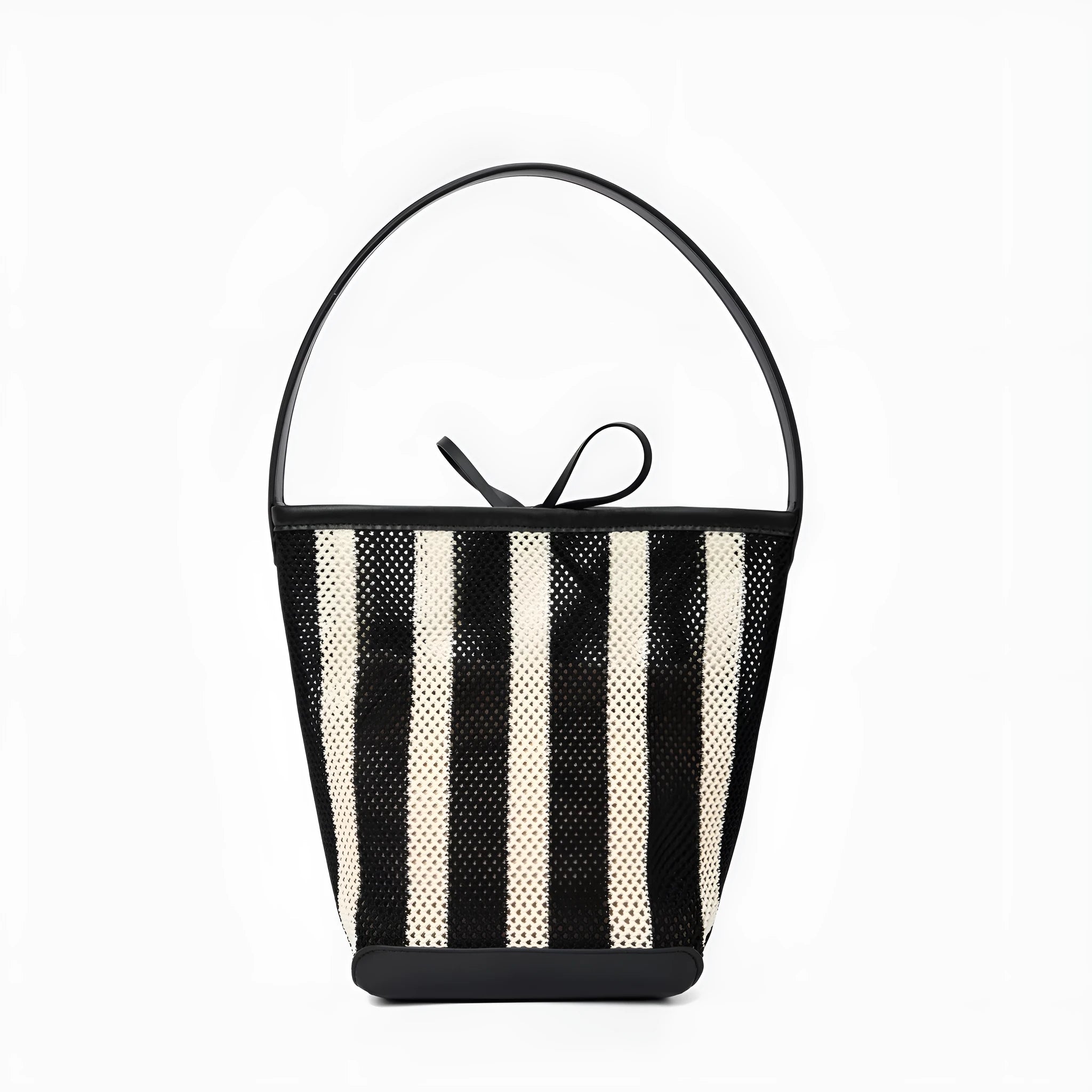 Black and white striped woven fabric women's bucket shoulder bag showing dimensions