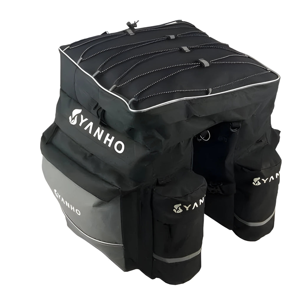 Black mountain bike bag with rain cover on rear rack, 43 litre capacity, 600D nylon