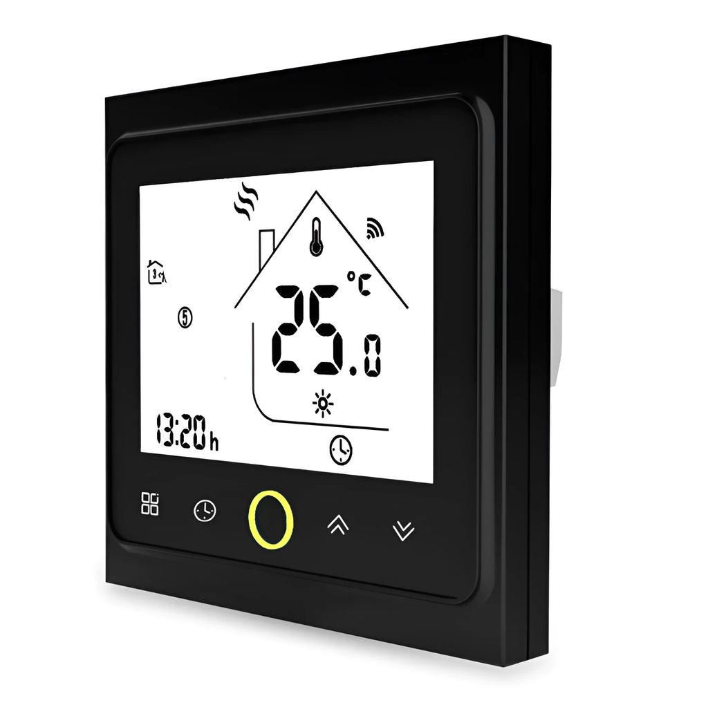 Intelligent central air-conditioning thermostat with capacitive touch display in black or white finish