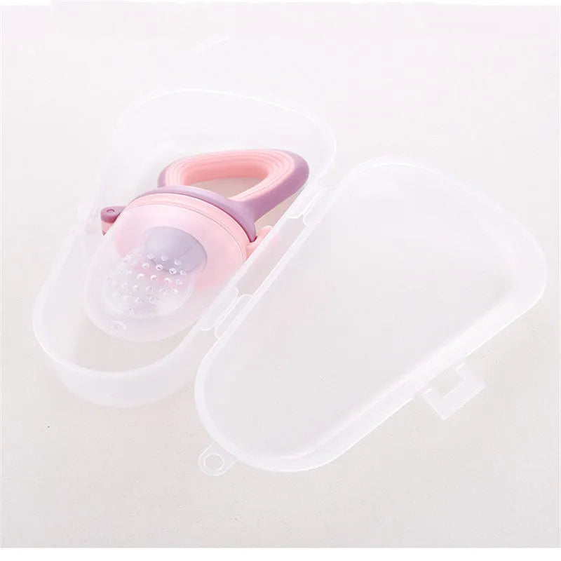 Baby Bite food grade silicone and PP teether set in blue, green, and pink with cartoon design, available in three sizes