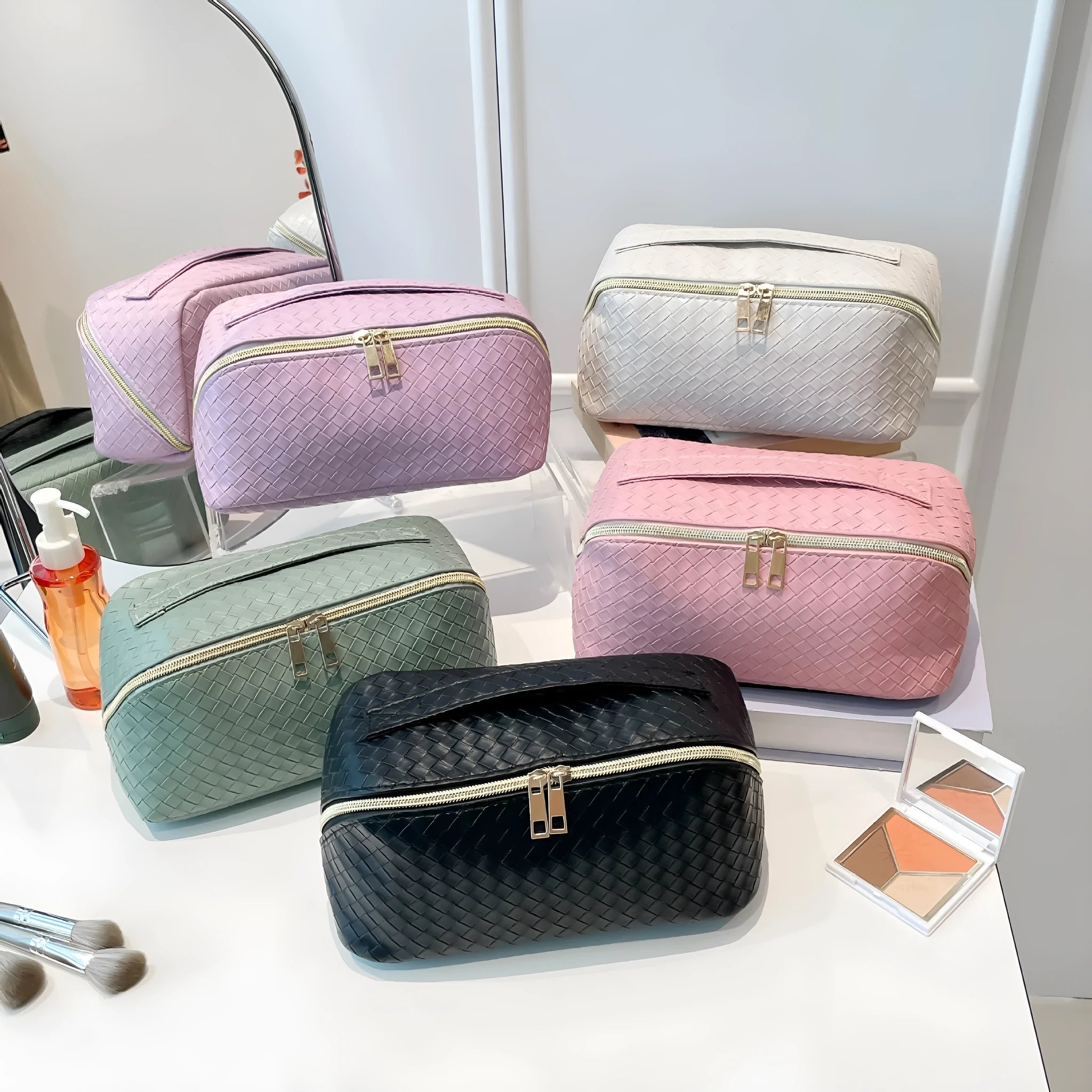 Waterproof large capacity PU storage bag for cosmetics in black, white, pink, green, and purple