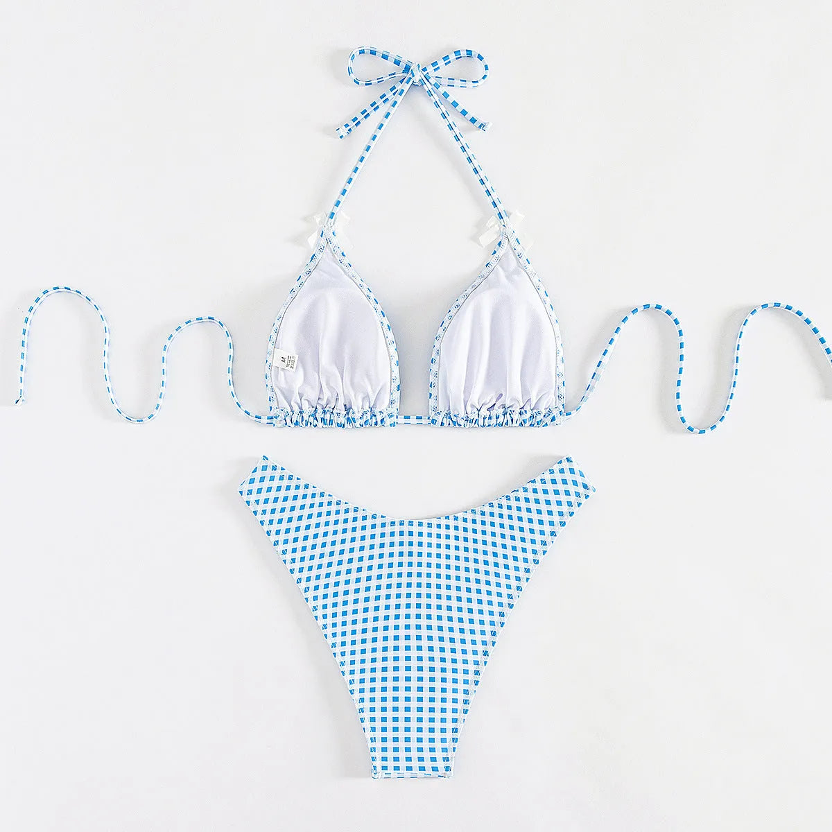 Women's plaid banded bikini swimsuit set with top and briefs in polyester
