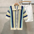 Man wearing a loose blue dopamine stripe casual short sleeve pullover shirt