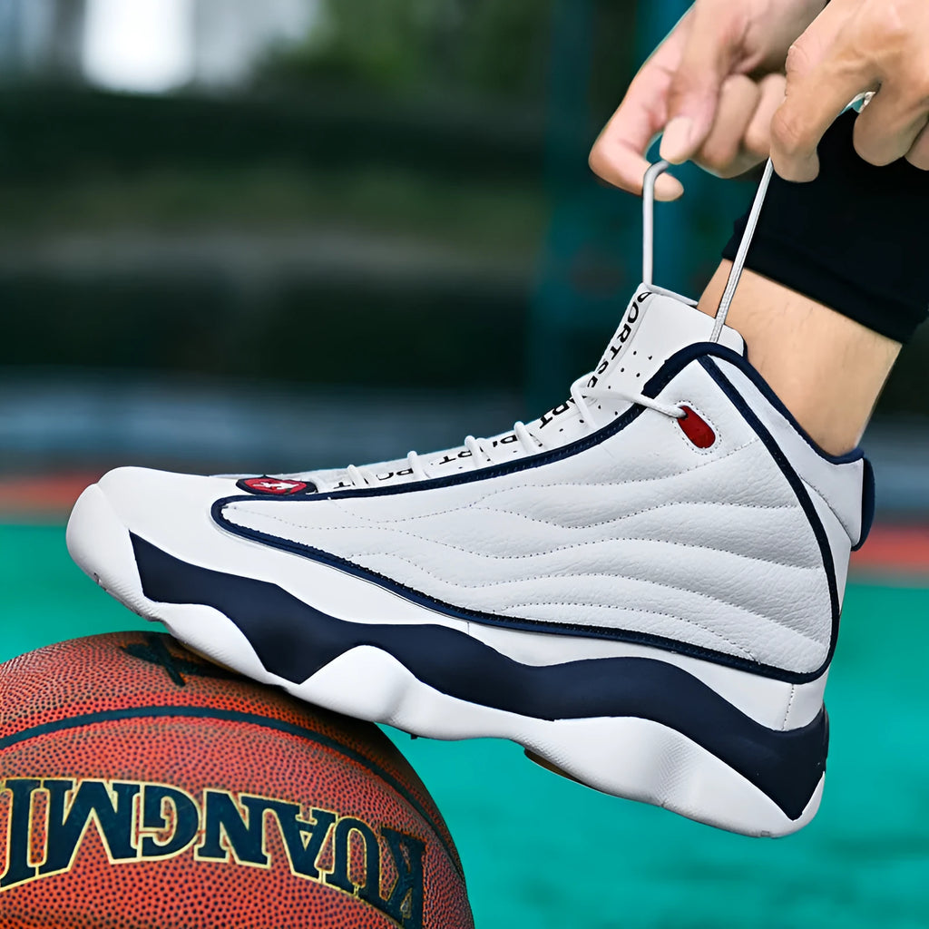 Men's high-top lace-up basketball shoes in AJ13 colourways with mesh upper and rubber sole.