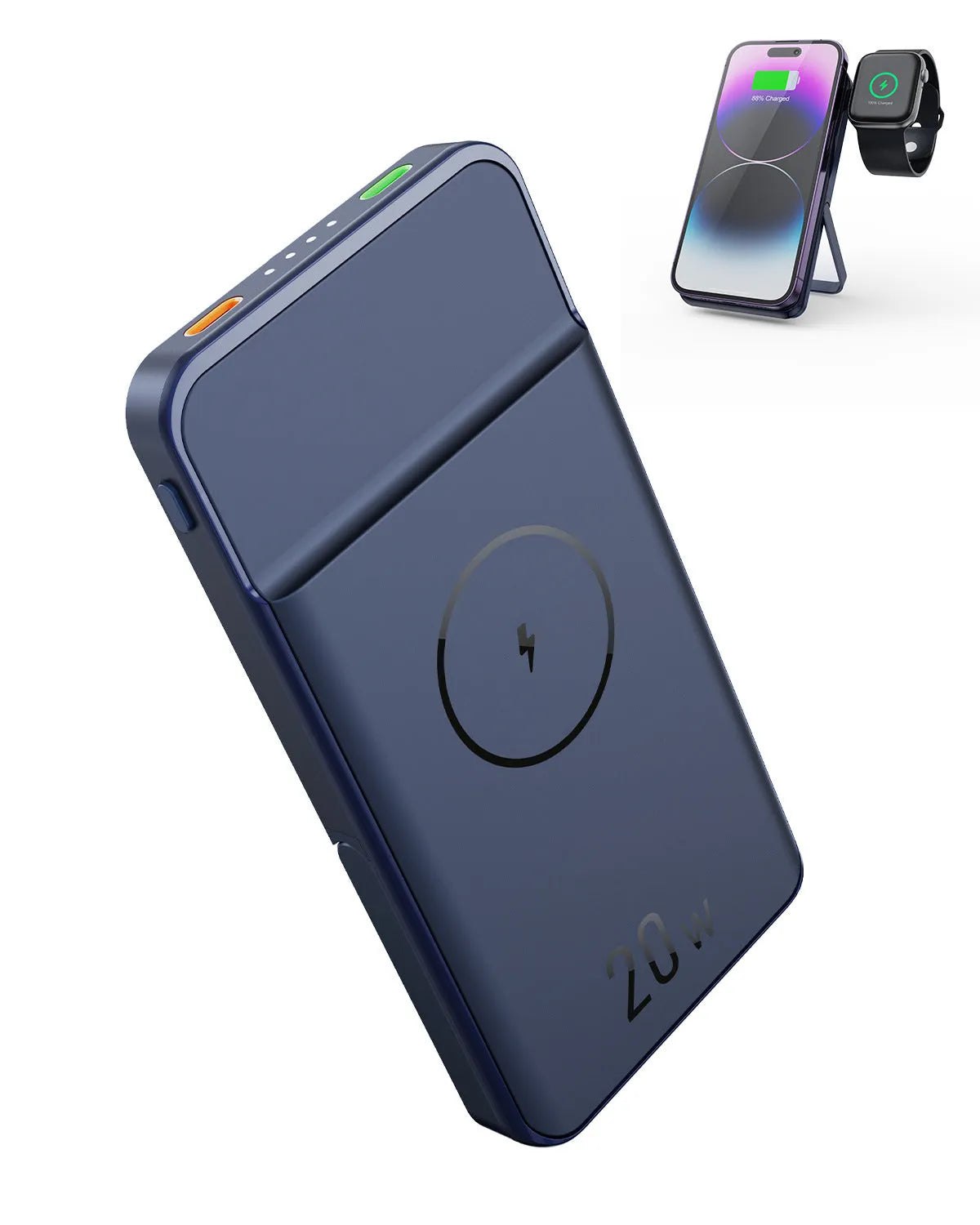 Black magnetic wireless power bank with 10000mAh capacity showing bracket design