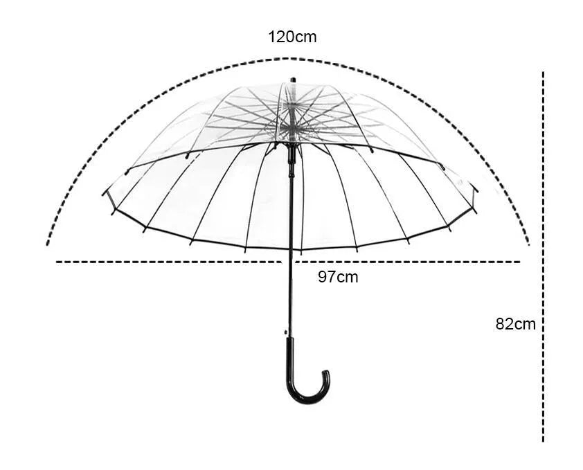 Transparent 16-rib umbrella with long black handle fully opened showing steel frame structure