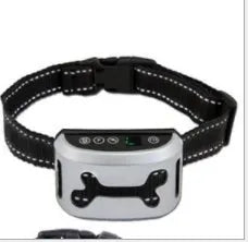 Digital bark training collar with adjustable strap on black, gold, and silver colour backgrounds