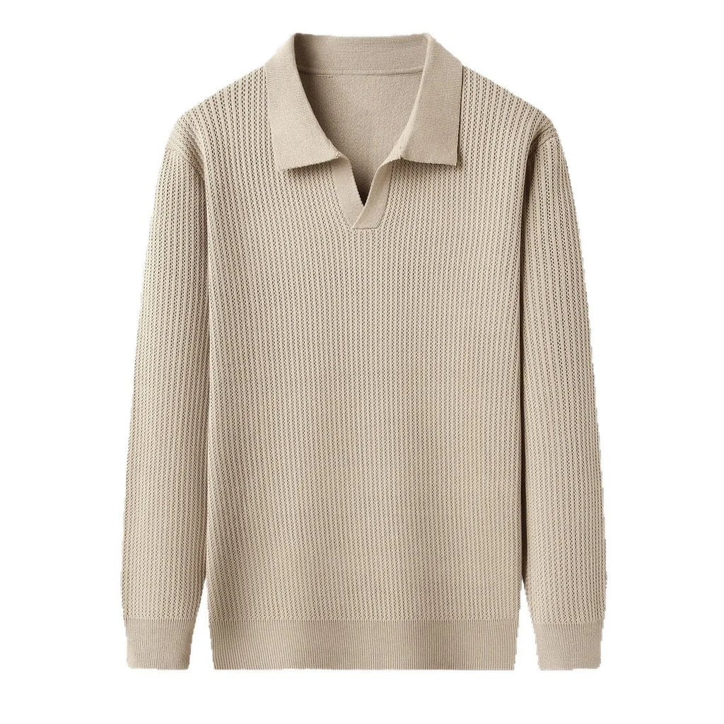 Men's loose fit casual pullover sweater in a camel colour, showing the front design.