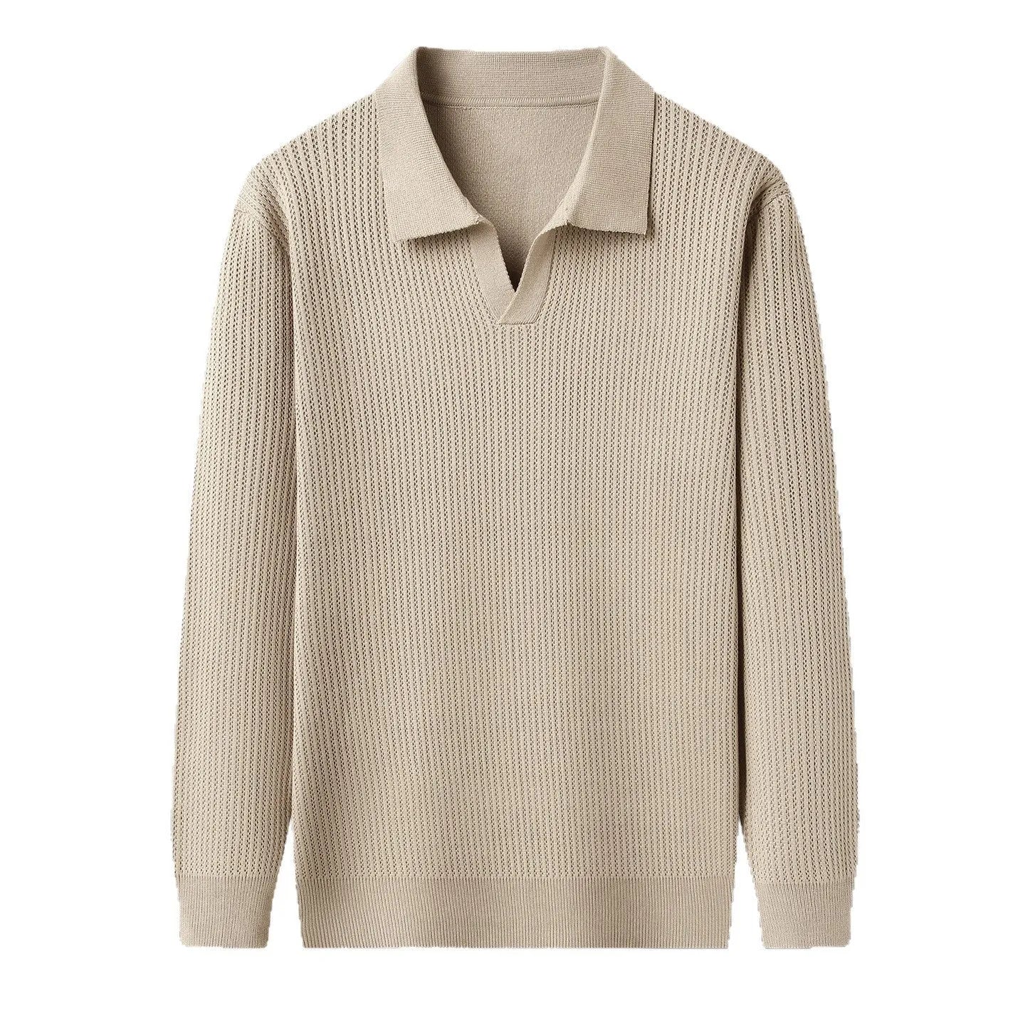 Men's loose fit casual pullover sweater in a camel colour, showing the front design.