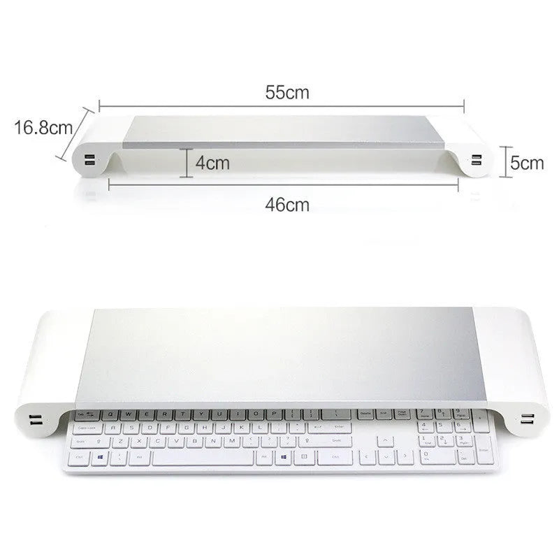Silver aluminium alloy notebook computer heighten base bracket with USB charging port on a desk