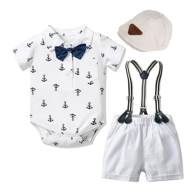 Blue cotton baby boy romper with triangle print and short sleeves for summer