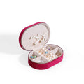 Oval-shaped lake blue velvet jewellery box with flannel lining and a metal inner hook for earrings.