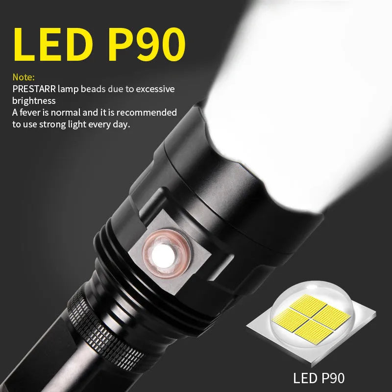 Black aluminium XHP90 LED tactical flashlight with push switch and charging port.