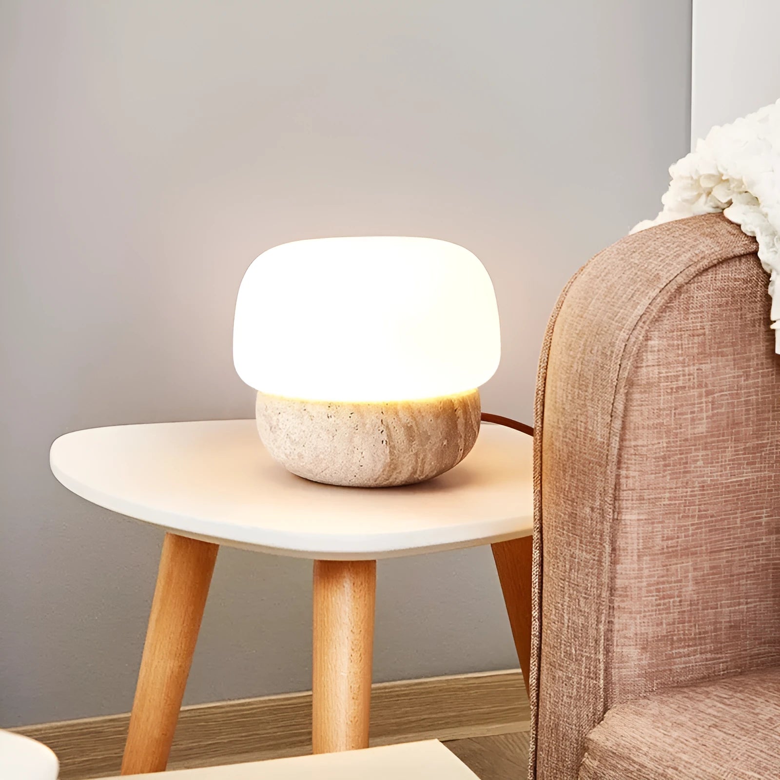 Cream-coloured retro bedside lamp with button switch and warm white bulb