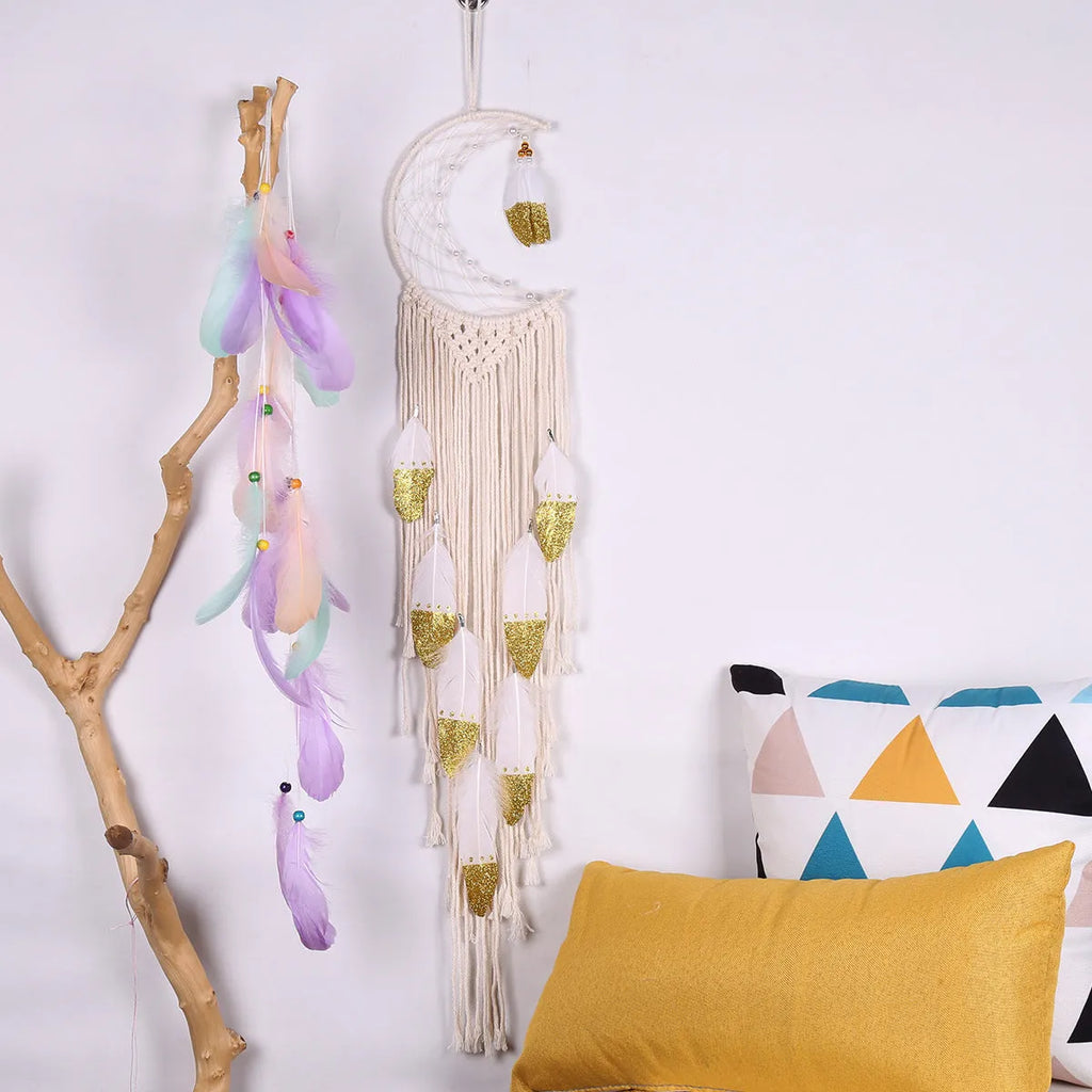 Gold crescent dream catcher wall decoration made of cotton thread, 20x100cm, plain pattern, model MS7566