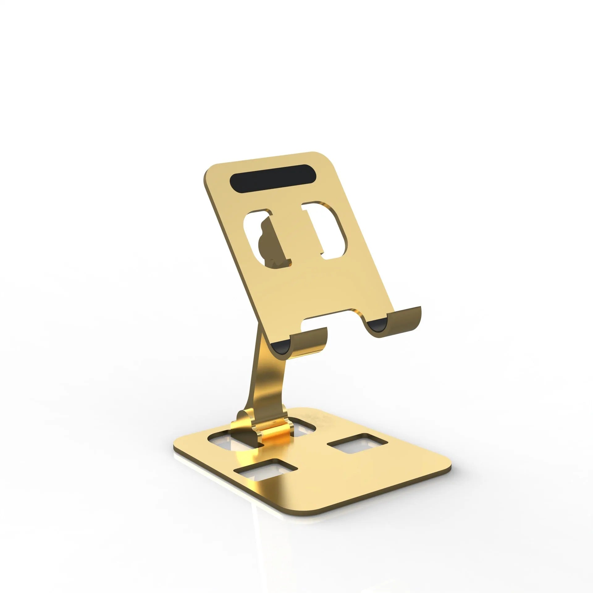 Aluminium alloy rotating mobile phone bracket in silver on a desk, showing three-axis joint and metal texture finish