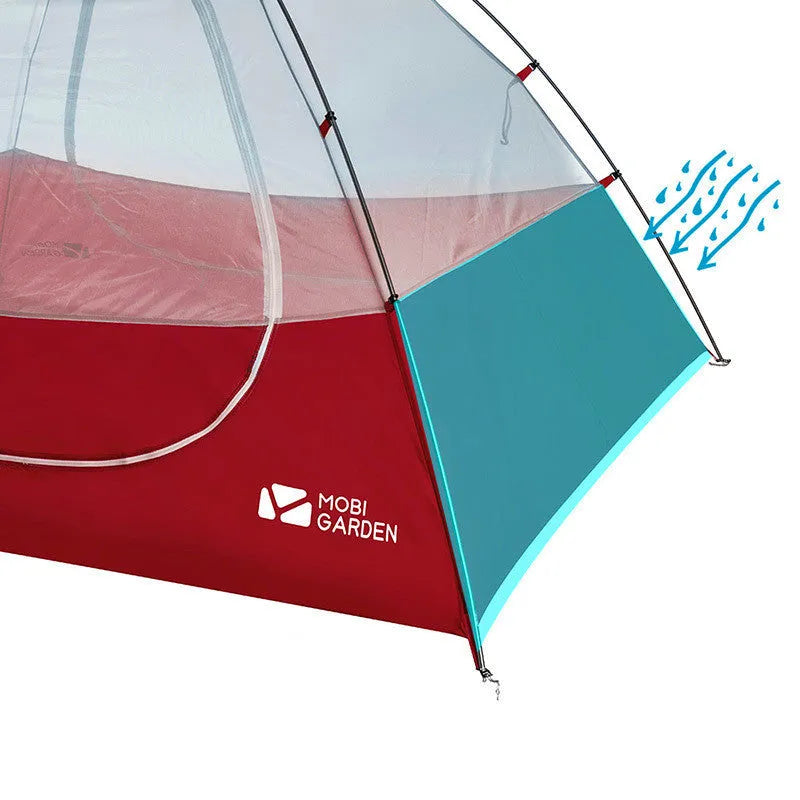 Double deck aluminum alloy camping tent in green, pitched outdoors with flysheet and aluminium poles visible