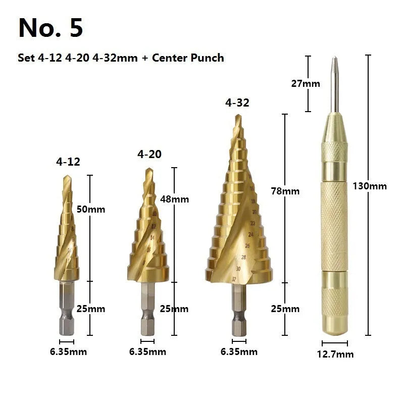 High speed steel cone step drill bit and centre punch set in six colour options for metalworking