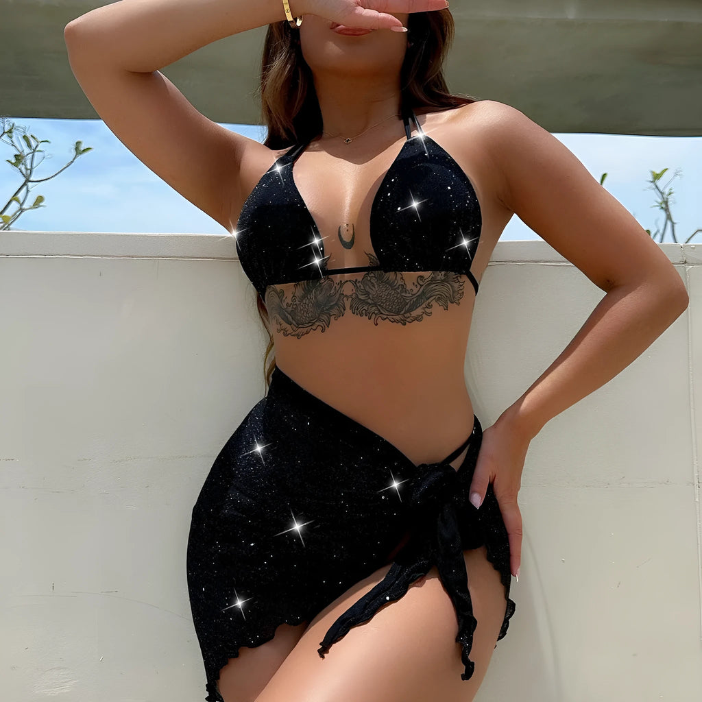 Black women's three-piece bikini set with separate top and shorts on a mannequin.
