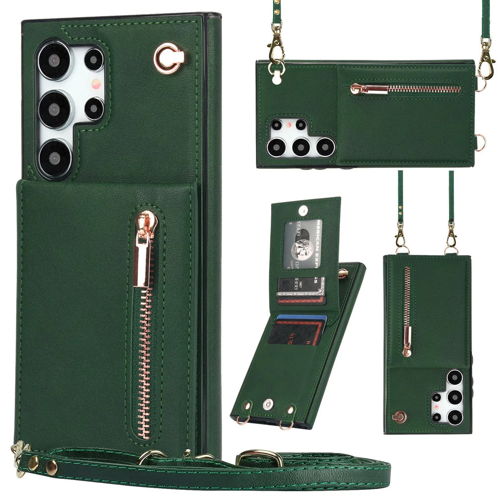 Black Samsung phone case with card slot, flip-out stand, and attached crossbody strap