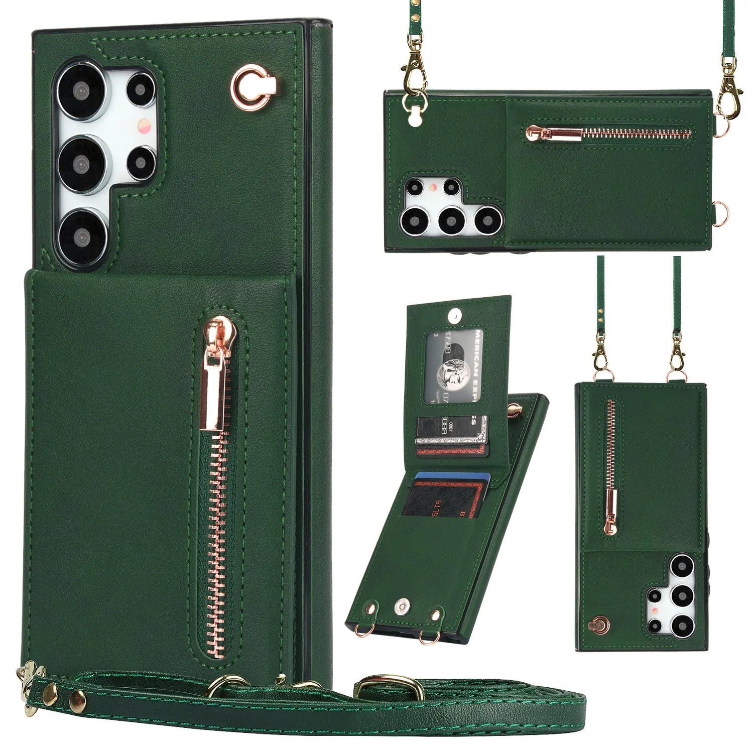 Black Samsung phone case with card slot, flip-out stand, and attached crossbody strap