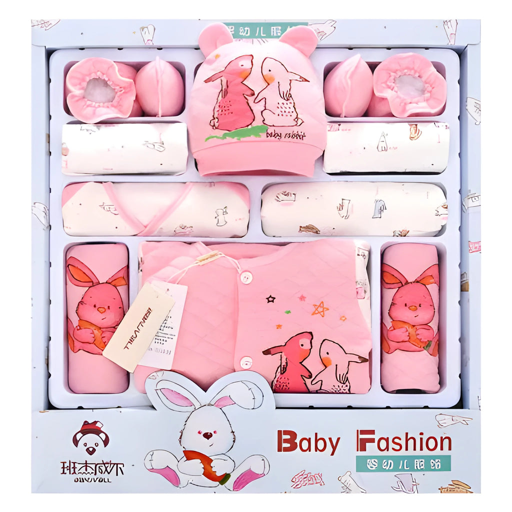 Pink cotton padded newborn baby clothes multi-piece set laid flat