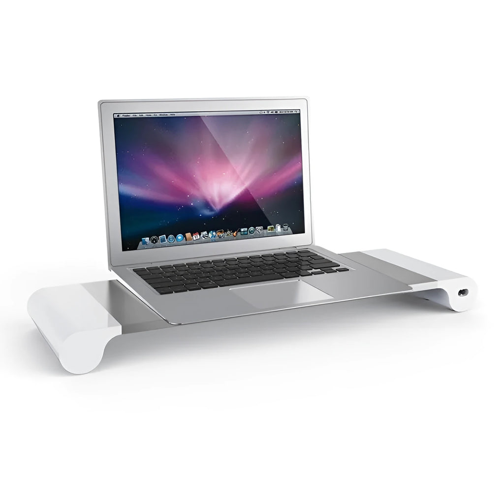 Silver aluminium alloy notebook computer heighten base bracket with USB charging port on a desk
